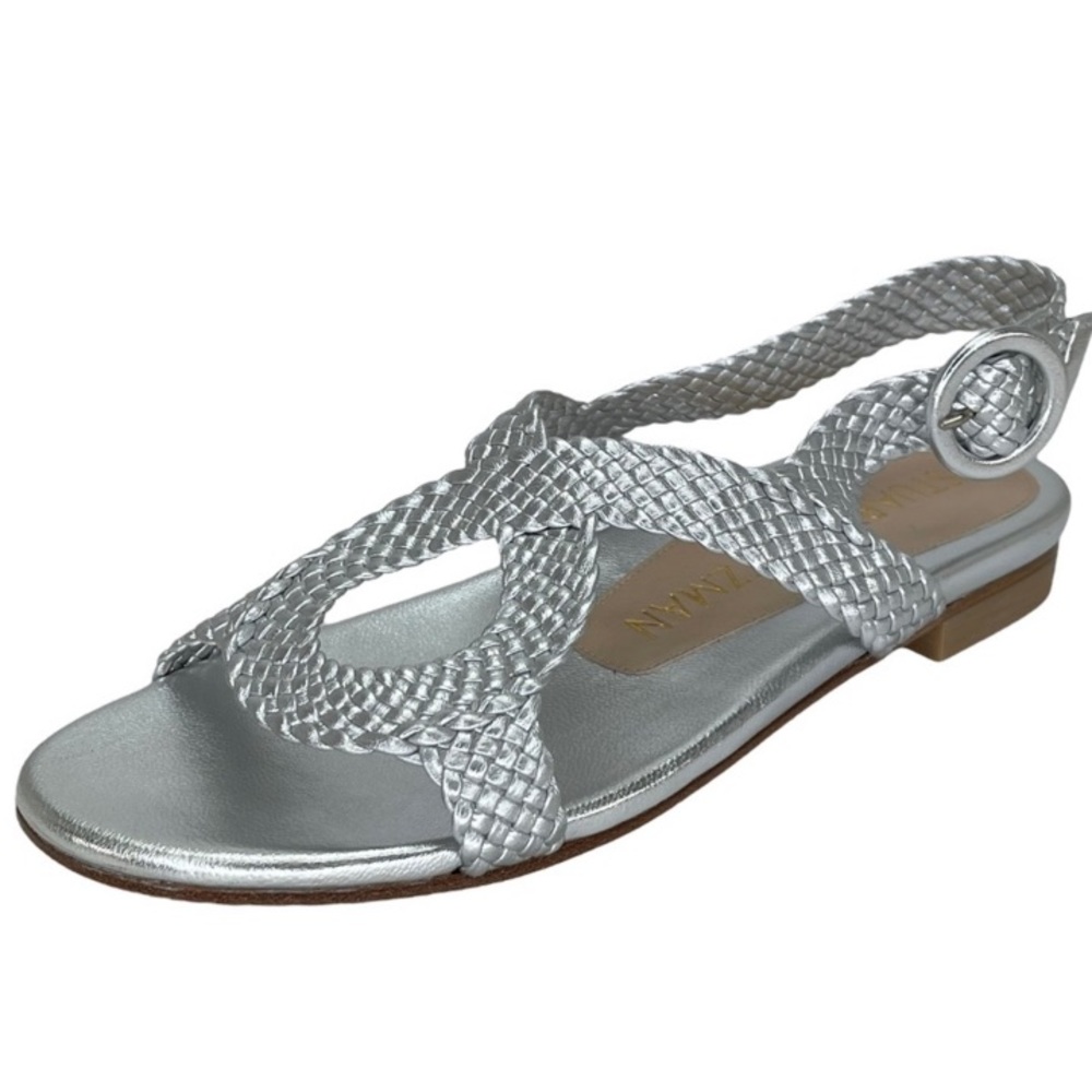 Stuart Weitzman Teodora Silver Braided Leather Womens Sandals